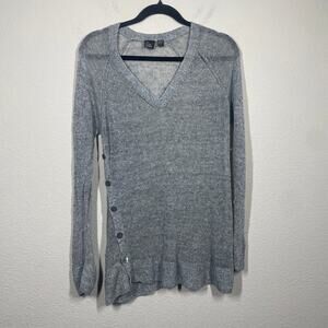 The Fisher Project Large Open Knit Sweater Gray Linen Cotton Side Buttons V Neck